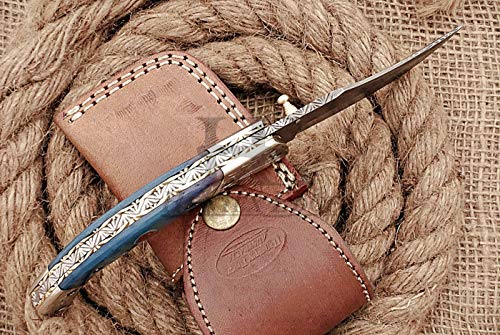 HUNTEX Custom Handmade Hand-Forged Twist Pattern Damascus Steel 4 Inch Long Natural Tinted Camel Bone Handle Razor Sharp Hunting Camping Folding Pocket Trailing Knife with Genuine Leather Pouch