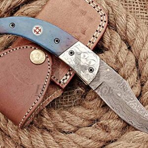 HUNTEX Custom Handmade Hand-Forged Twist Pattern Damascus Steel 4 Inch Long Natural Tinted Camel Bone Handle Razor Sharp Hunting Camping Folding Pocket Trailing Knife with Genuine Leather Pouch