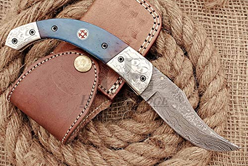 HUNTEX Custom Handmade Hand-Forged Twist Pattern Damascus Steel 4 Inch Long Natural Tinted Camel Bone Handle Razor Sharp Hunting Camping Folding Pocket Trailing Knife with Genuine Leather Pouch