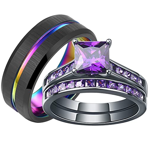 SHELOVES Black Plated Couples Women Purple Wedding Rings Sets His and Hers Men Tungsten Wedding Band 9+8