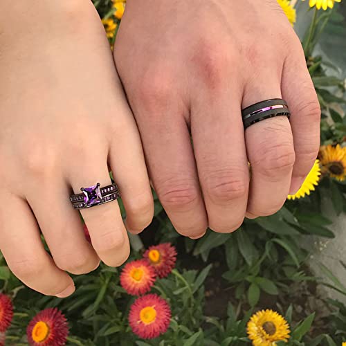 SHELOVES Black Plated Couples Women Purple Wedding Rings Sets His and Hers Men Tungsten Wedding Band 9+8