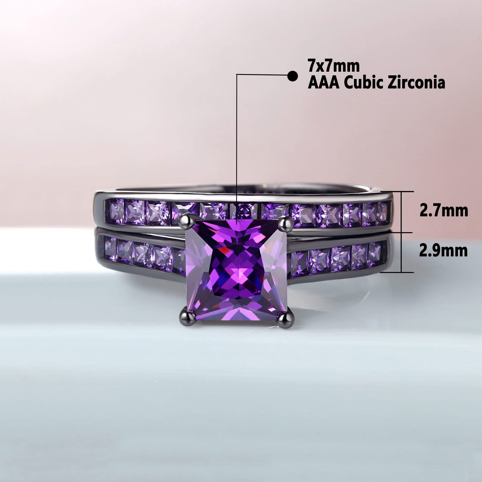 SHELOVES Women Black Gold Plated Wedding Rings Purple Amethyst Princess Cz Engagement Ring Sets 5