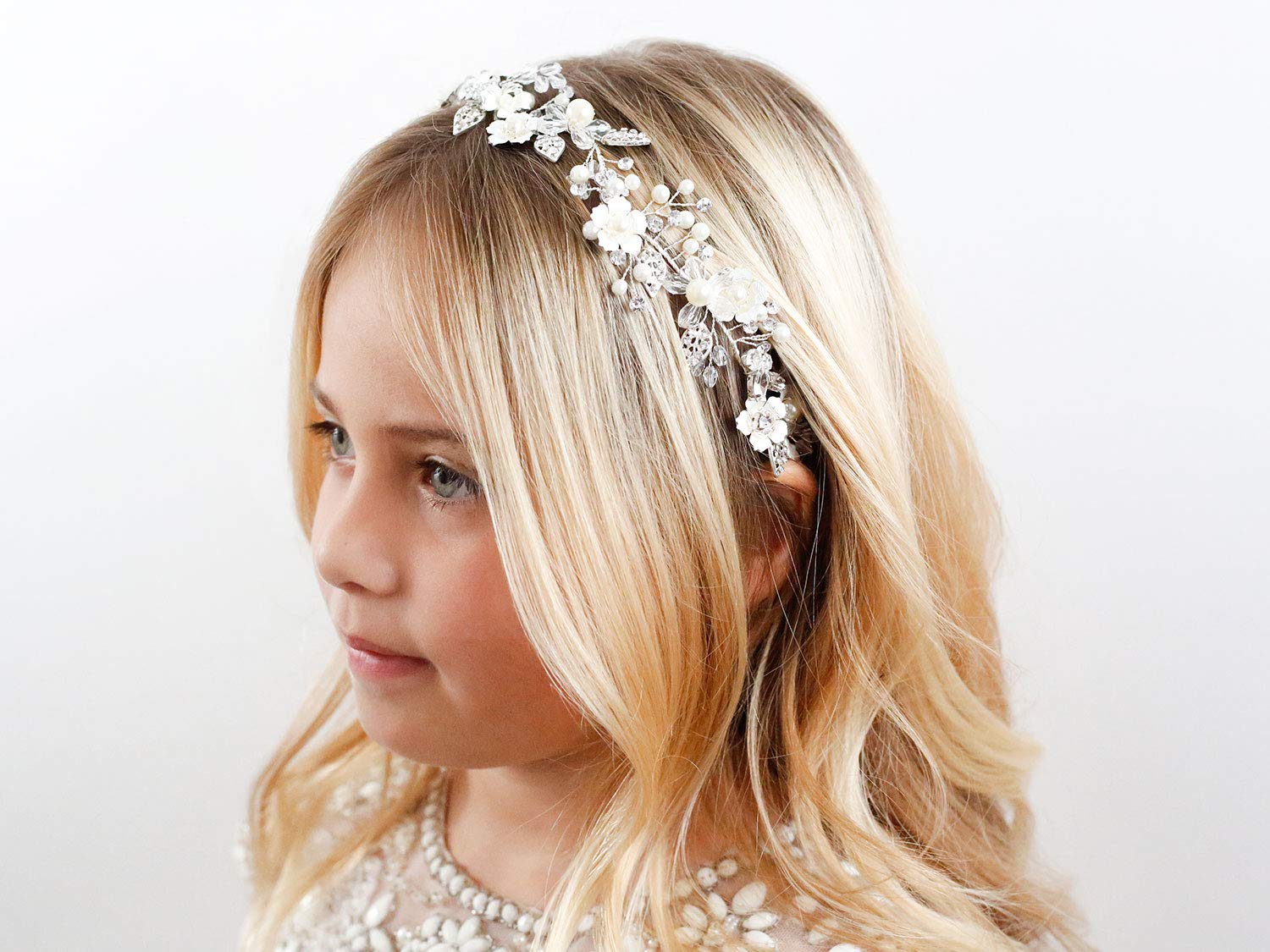 SWEETV Flower Girl Headpiece Ivory Tulle Flowers Wedding Headband for Girls, Princess Pearl Hair Accessories for Birthday Party, First Communion