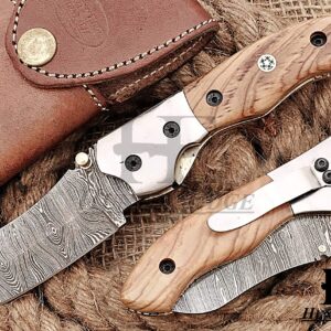 HUNTEX Custom Handmade Hand-Forged Twist Pattern Damascus Steel 3.7 Inch Long Natural Olive Wood Handle Razor Sharp Hunting Folding Pocket Wharncliffe Knife with Pocket Clip & Genuine Leather Pouch