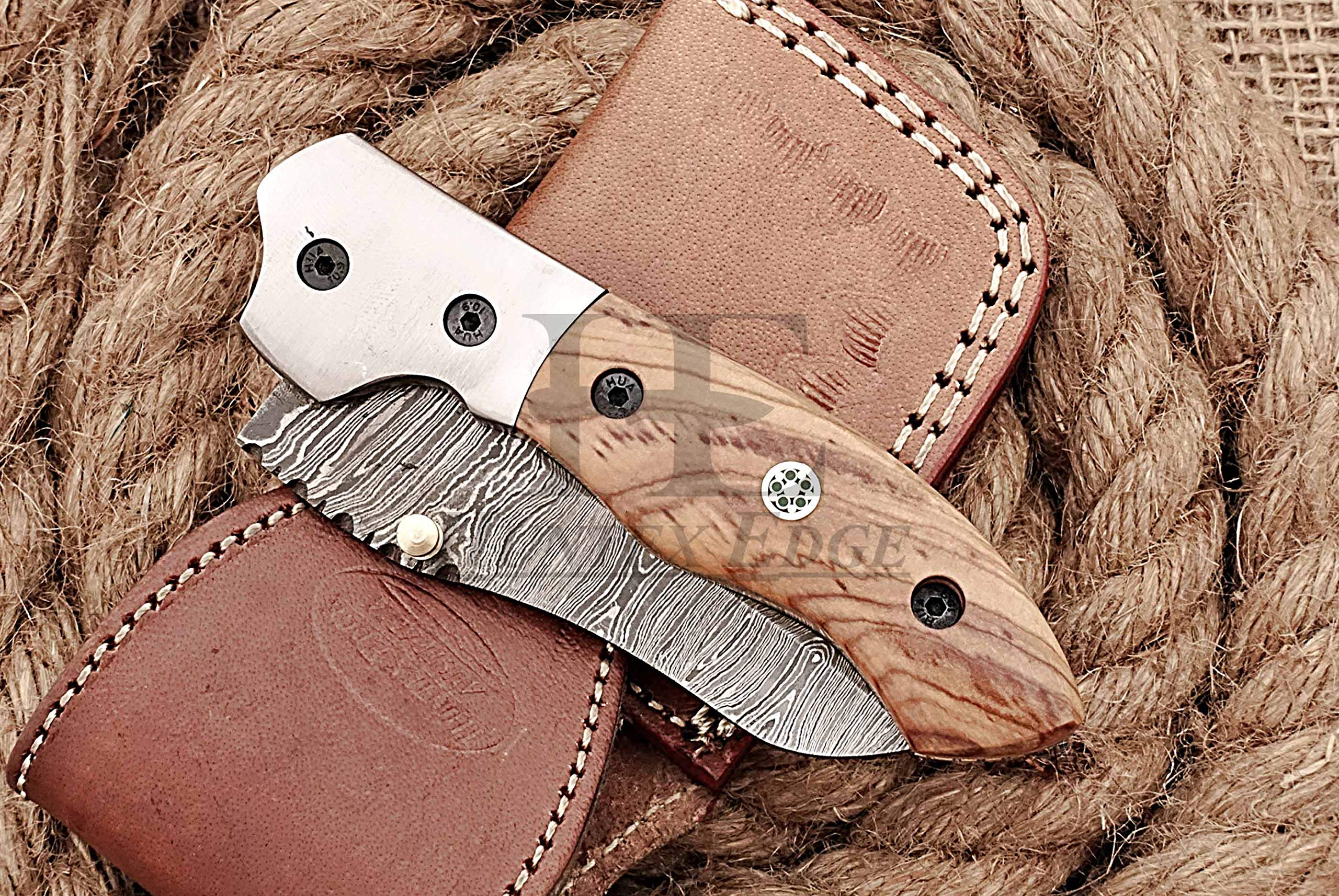 HUNTEX Custom Handmade Hand-Forged Twist Pattern Damascus Steel 3.7 Inch Long Natural Olive Wood Handle Razor Sharp Hunting Folding Pocket Wharncliffe Knife with Pocket Clip & Genuine Leather Pouch