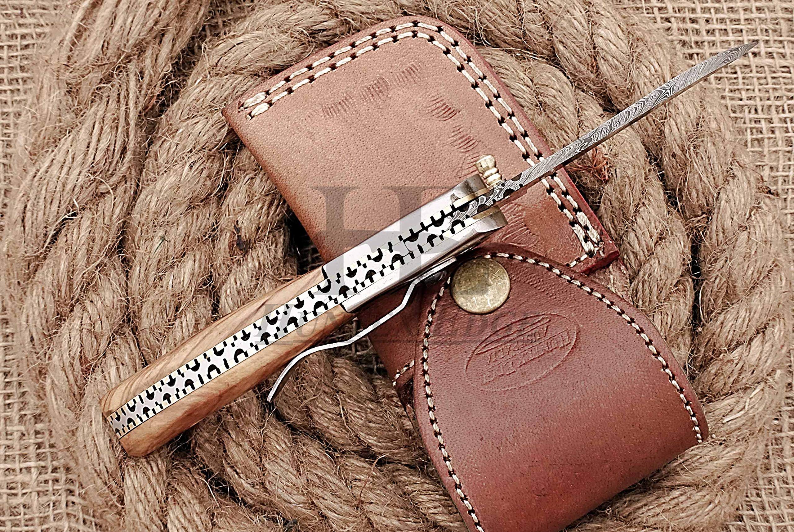 HUNTEX Custom Handmade Hand-Forged Twist Pattern Damascus Steel 3.7 Inch Long Natural Olive Wood Handle Razor Sharp Hunting Folding Pocket Wharncliffe Knife with Pocket Clip & Genuine Leather Pouch