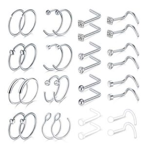 MODRSA 18G Nose Rings Hoop Surgical Steel Nose Rings Studs Screw L-Shaped Nose Stud Tragus Cartilage Helix Earrings Hoop 28pcs Nose Piercing Jewelry Set (32pcs - silver kit)