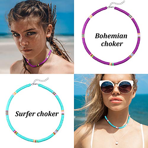 Hicarer 6 Pcs Beaded Choker Necklace for Women Surfer Necklace Colorful Heishi Necklace Boho Seed Bead Choker Set Women Bohemian Necklaces Trendy Western Necklaces jewelry