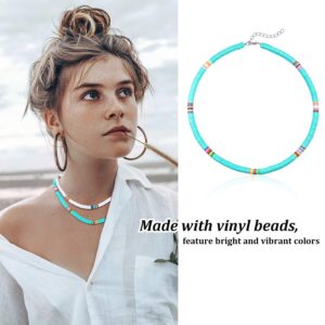 Hicarer 4 Pcs Summer Heishi Surfer Necklace Heishi Beaded Necklace Bohemian Bead Choker Colorful Vinyl Disc Boho Beach Necklace for Women