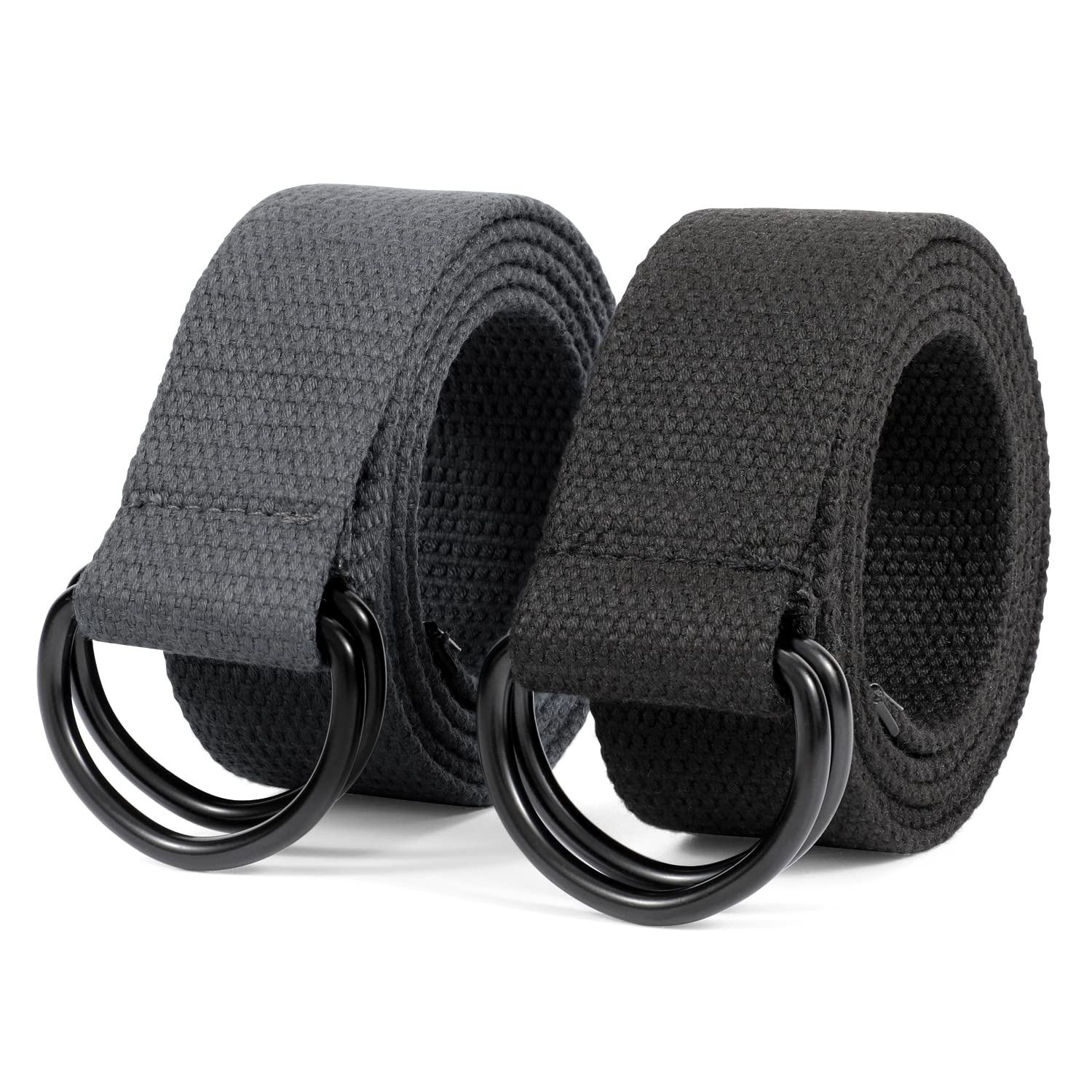 JASGOOD 2 Pack Men Black Canvas Belt, Webbing Cloth D Ring Buckle Belt Extra Long with Metal Tip for Pants (Black/Gray,Fit Waist Size 34-39 inch)