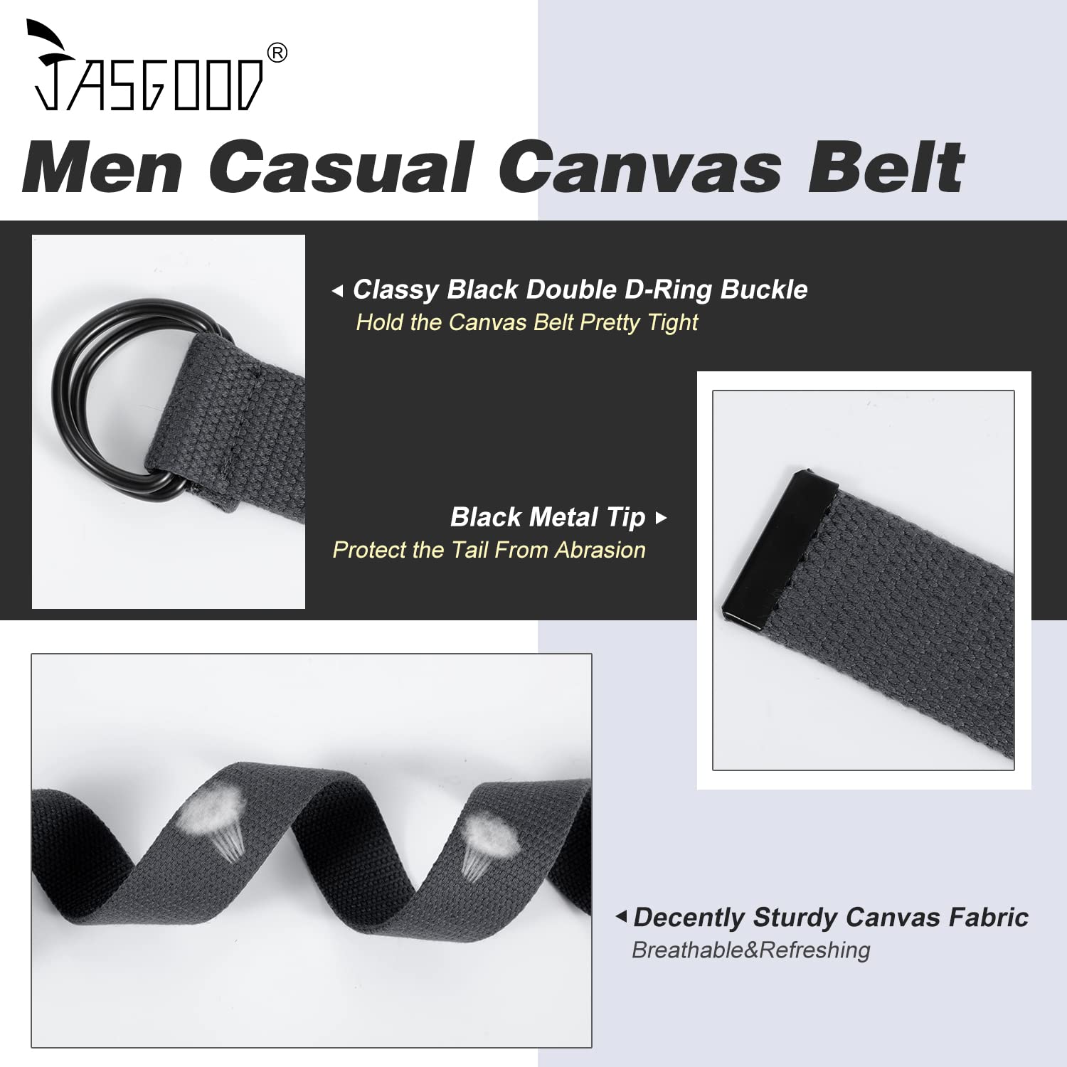 JASGOOD 2 Pack Men Black Canvas Belt, Webbing Cloth D Ring Buckle Belt Extra Long with Metal Tip for Pants (Black/Gray,Fit Waist Size 34-39 inch)