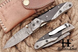 huntex custom handmade hand-forged twist pattern damascus steel 4 inch long natural walnut wood handle razor sharp hunting folding pocket spear knife with pocket clip & genuine leather pouch