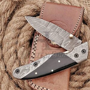 HUNTEX Custom Handmade Hand-Forged Twist Pattern Damascus Steel 4 Inch Long Natural Walnut Wood Handle Razor Sharp Hunting Folding Pocket Spear Knife with Pocket Clip & Genuine Leather Pouch