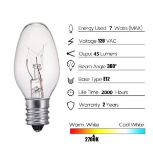 WokHok 7 Watt Night Light Bulb and Salt Lamps Replacement Bulbs,C7/7 Watt/120 V/45 Lumen,E12 Candelabra Base Clear Glass Incandescent Bulbs,12 Pack