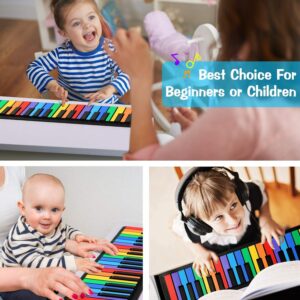 Roll Up Piano 49 Keys Portable Upgrade Rechargeable ElectronicPiano Keyboard for Kids/Beginners Rainbow