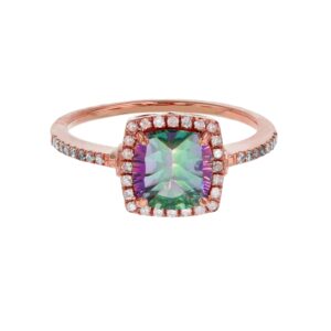 10k rose gold 7mm cushion mystic green topaz & 0.20 cttw diamond halo ring