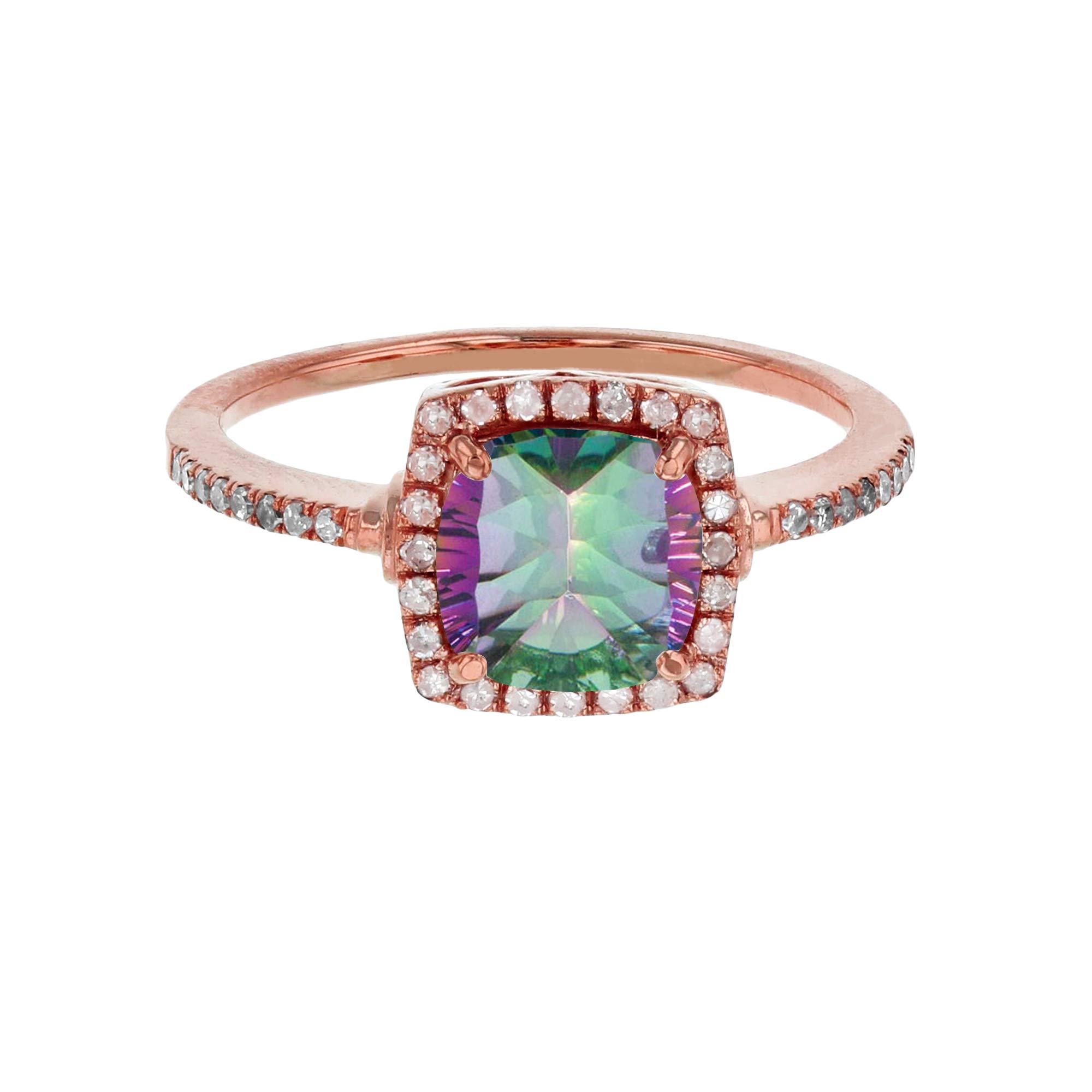 10K Rose Gold 7mm Cushion Mystic Green Topaz & 0.20 CTTW Diamond Halo Ring