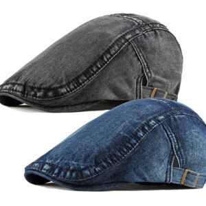 2 Pack Mens Denim Cotton Newsboy Cap Ivy Gatsby Driving Hunting Cabbie Hats (2 Pack-C)