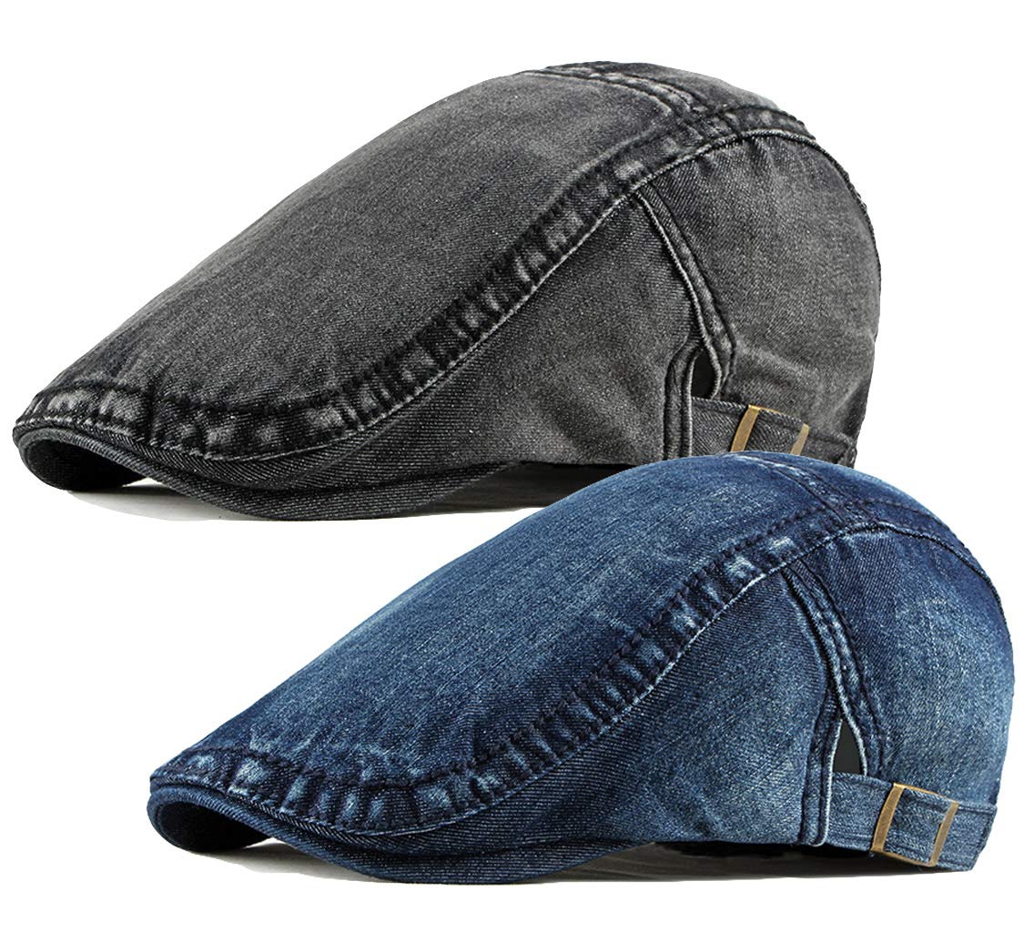 2 Pack Mens Denim Cotton Newsboy Cap Ivy Gatsby Driving Hunting Cabbie Hats (2 Pack-C)