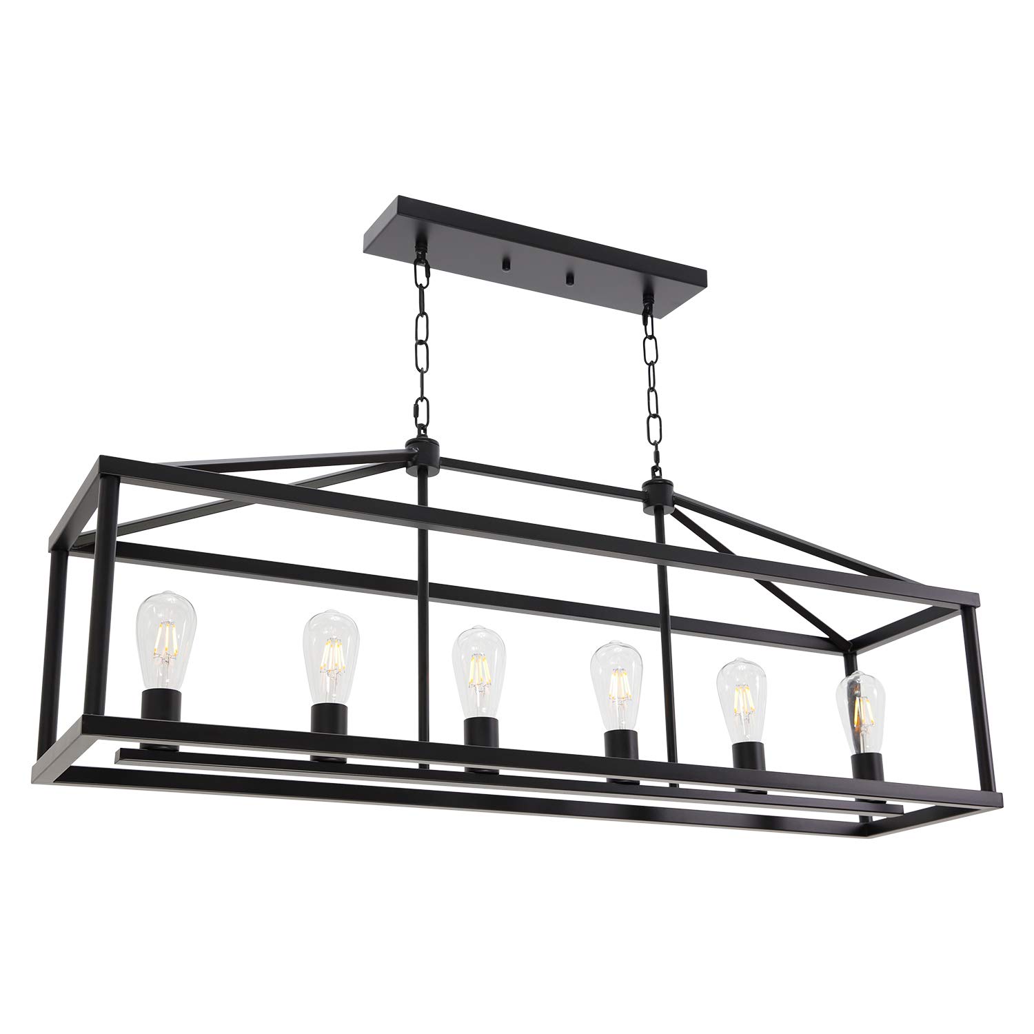 BONLICHT Modern Rectangle Chandelier 6 Light Black Industrial Vintage Kitchen Island Lighting Fixture Hanging Pendant Lamp Farmhouse Metal Cage Ceiling Light Fixtures for Living Room Dining Room Foyer