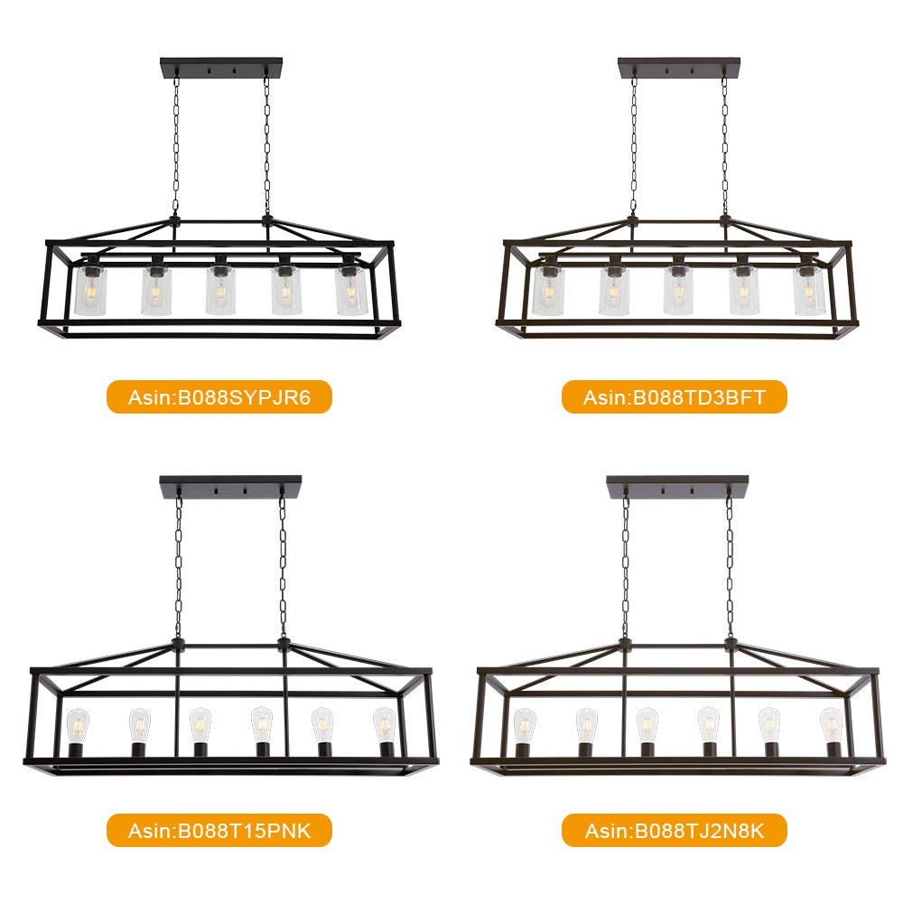 BONLICHT Modern Rectangle Chandelier 6 Light Black Industrial Vintage Kitchen Island Lighting Fixture Hanging Pendant Lamp Farmhouse Metal Cage Ceiling Light Fixtures for Living Room Dining Room Foyer