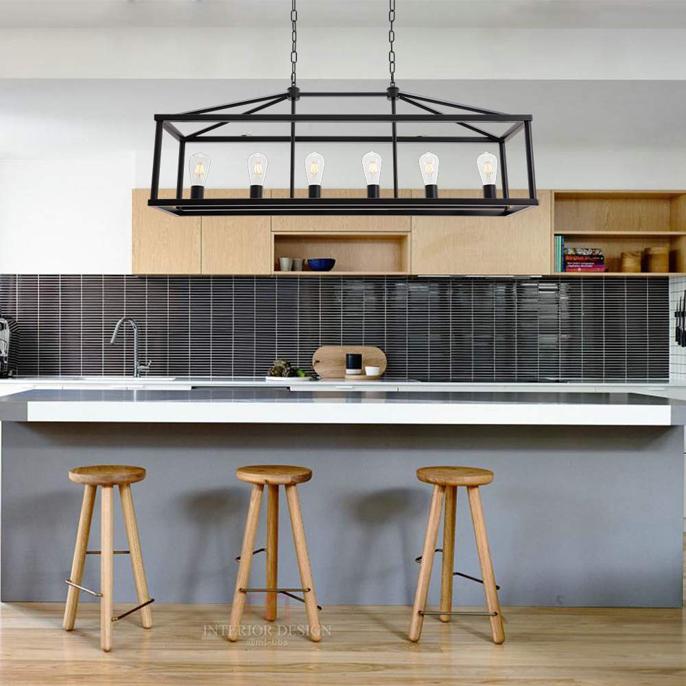 BONLICHT Modern Rectangle Chandelier 6 Light Black Industrial Vintage Kitchen Island Lighting Fixture Hanging Pendant Lamp Farmhouse Metal Cage Ceiling Light Fixtures for Living Room Dining Room Foyer