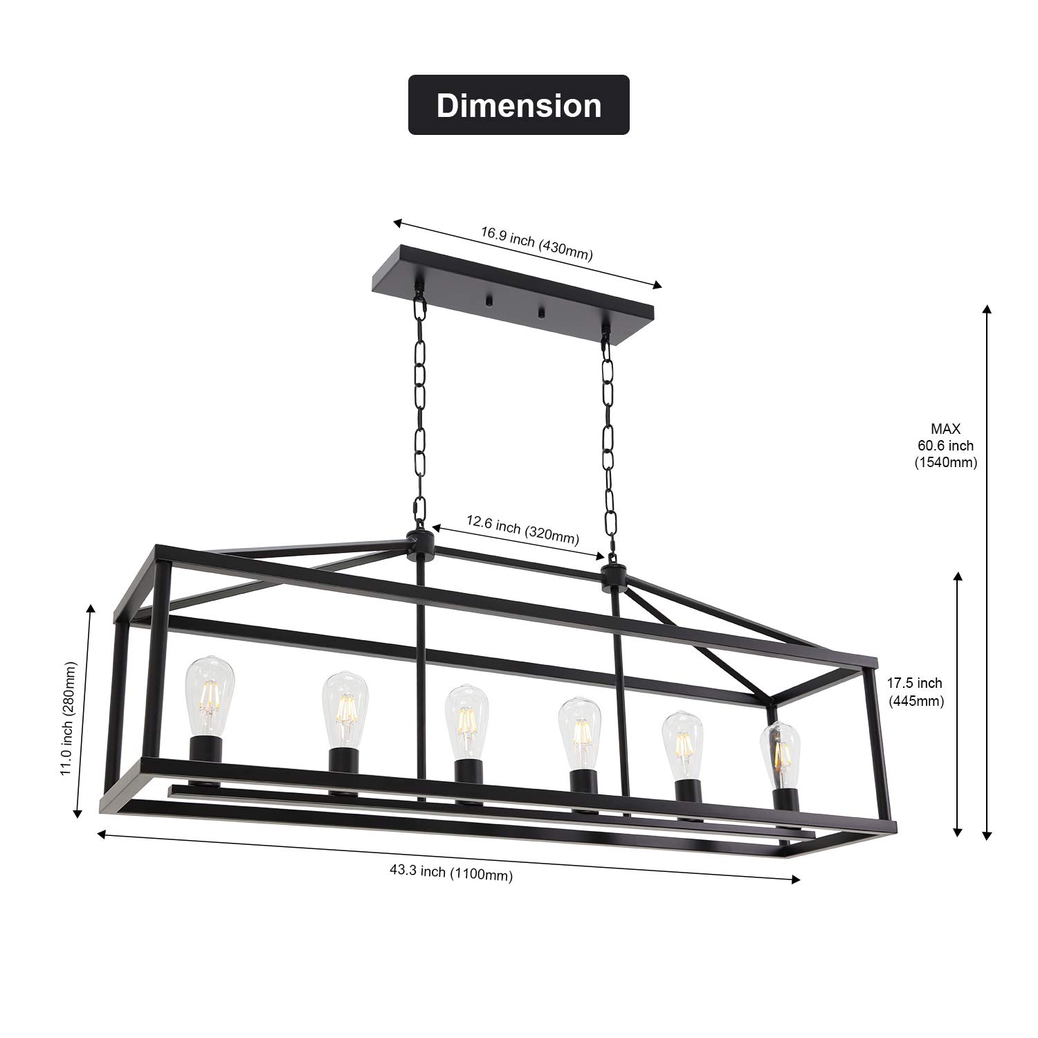 BONLICHT Modern Rectangle Chandelier 6 Light Black Industrial Vintage Kitchen Island Lighting Fixture Hanging Pendant Lamp Farmhouse Metal Cage Ceiling Light Fixtures for Living Room Dining Room Foyer