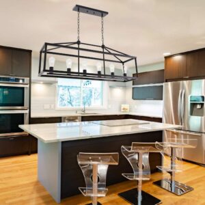 BONLICHT Modern Rectangle Chandelier 6 Light Black Industrial Vintage Kitchen Island Lighting Fixture Hanging Pendant Lamp Farmhouse Metal Cage Ceiling Light Fixtures for Living Room Dining Room Foyer