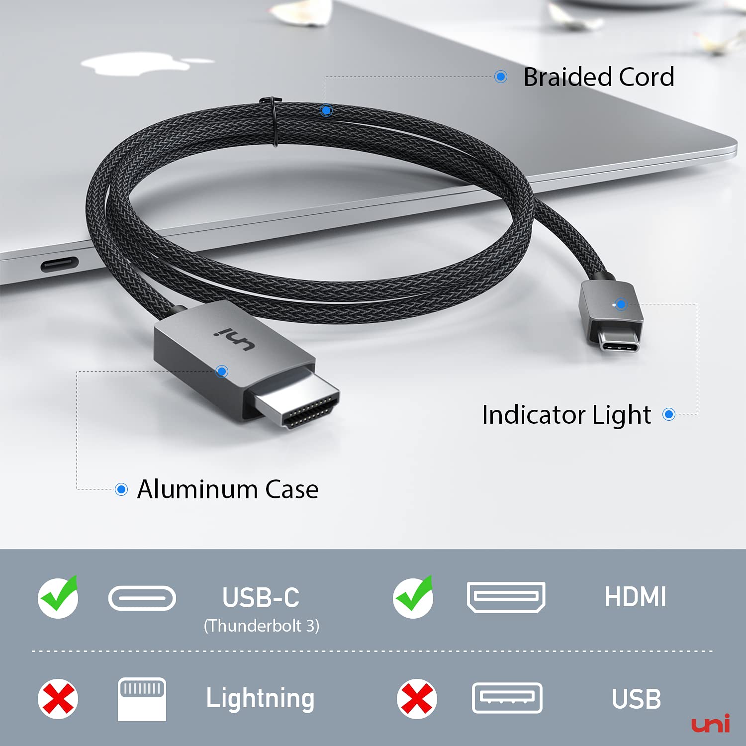 uni USB C to HDMI Cable 10FT 4K@30Hz, USB Type C to HDMI Cable for Home Office, [Thunderbolt 3/4 Compatible] with MacBook Pro/Air, iPhone 15 Pro/Max, Galaxy S8-S23, Surface Book 2, XPS, Chromebook