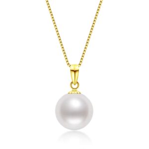 18K Gold Freshwater Cultured White Pearl June Birthstone Necklace 9-10mm Single Pearl Pendant with Sterling Silver Chain, Pearl Jewelry Gifts for Women Mom friend - Yellow Gold