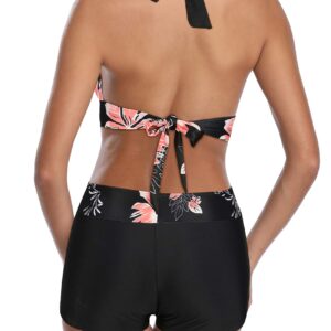 Bikini Swimsuit for Women Two Piece Swimsuits Halter Bikini Set with Boyshort Athletic Bathing Suit Pink Flower XL