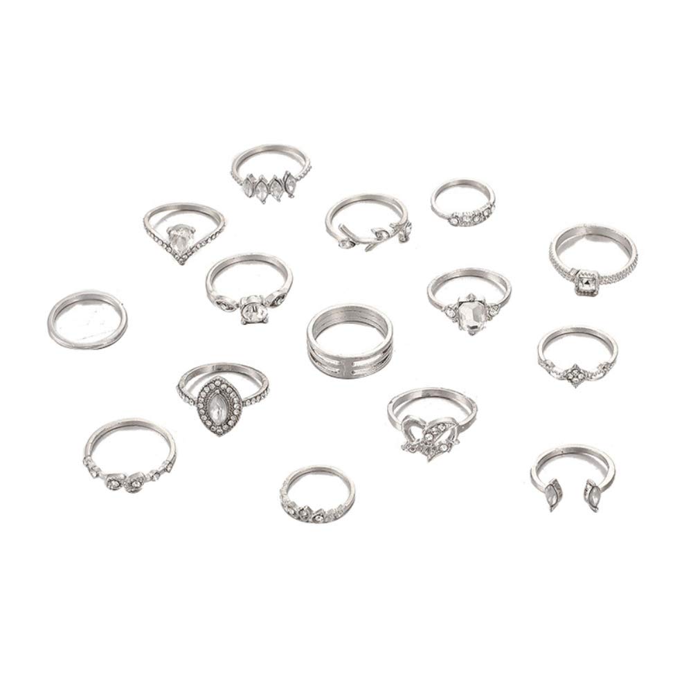 wpOP59NE Ring Set, 15Pcs/Set Boho Women Rhinestone Leaf Heart Geometric Finger Ring Jewelry Gift 8946