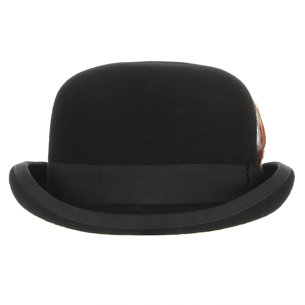 EOZY Mens 100% Wool Black Derby Hat with Removable Feather Satin Lined Roll Brim Bowler Hat