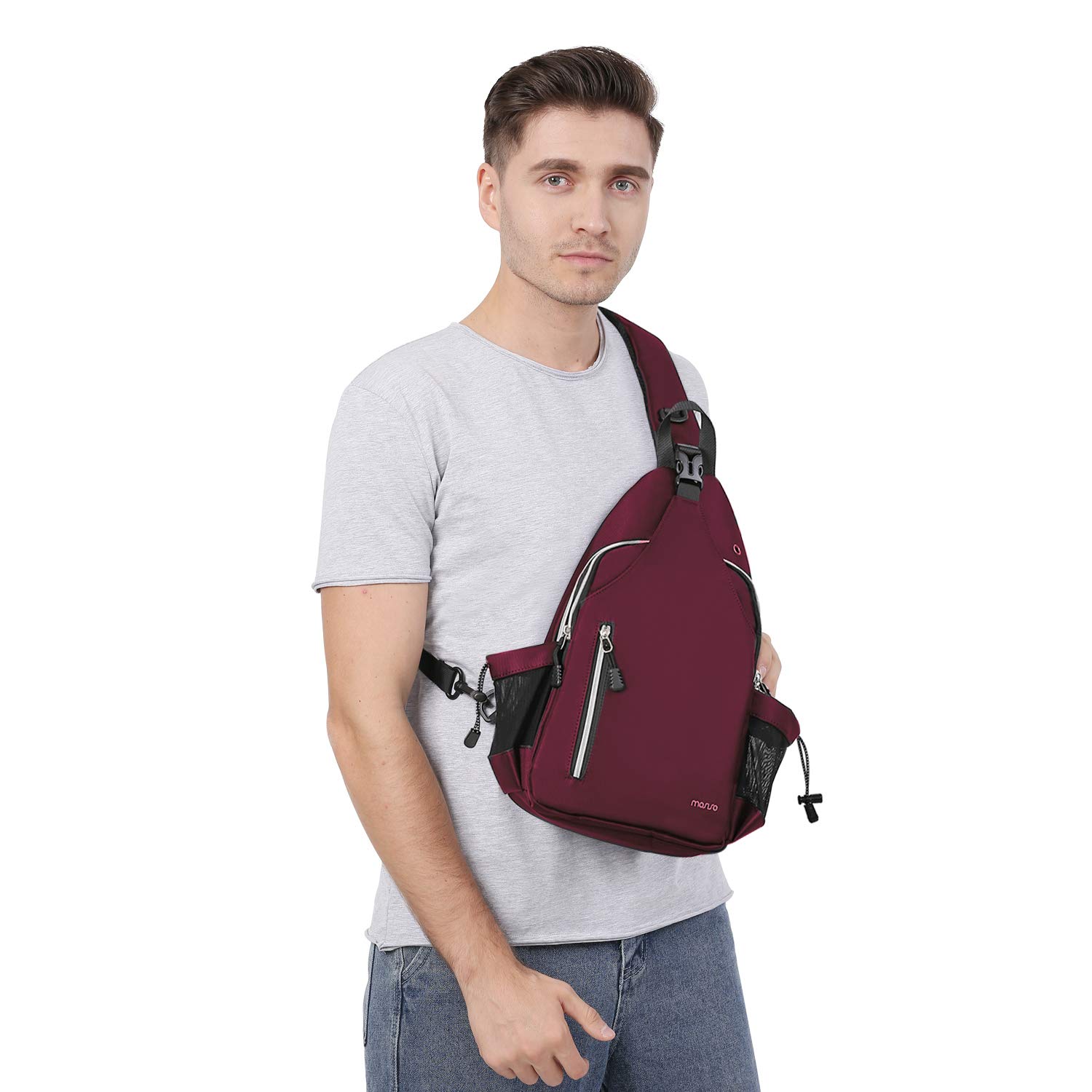 MOSISO Sling Backpack Double Layer Hiking Daypack Men/Women Chest Shoulder Bag, Wine Red