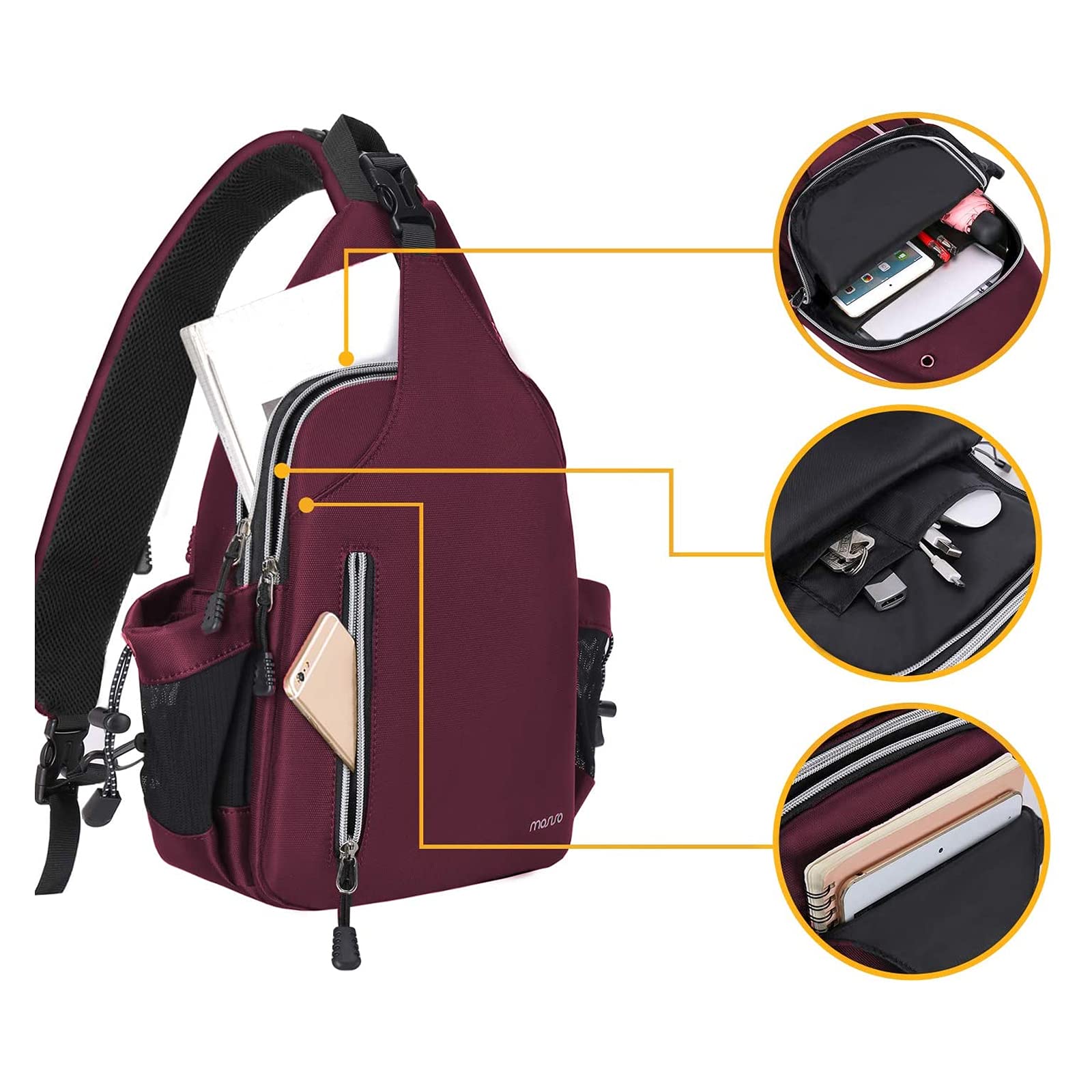 MOSISO Sling Backpack Double Layer Hiking Daypack Men/Women Chest Shoulder Bag, Wine Red