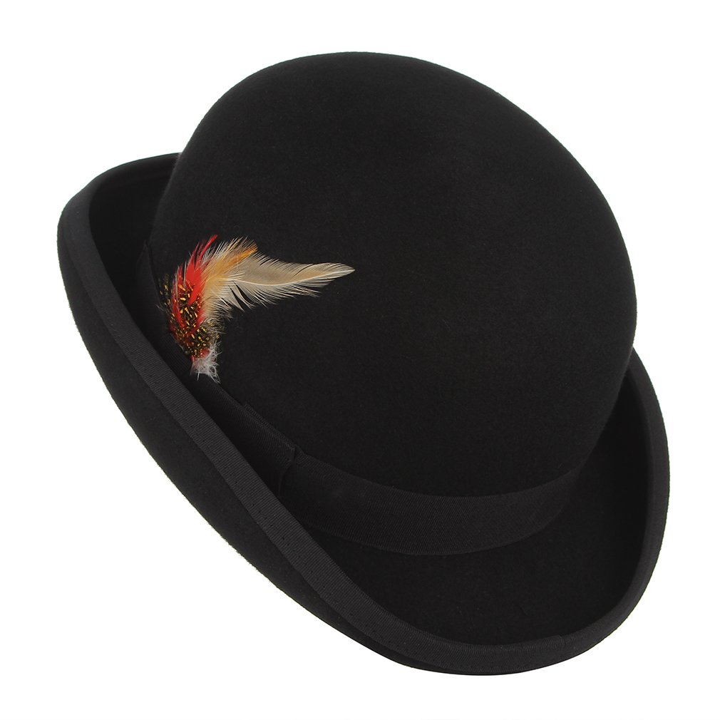 EOZY Mens 100% Wool Black Derby Hat with Removable Feather Satin Lined Roll Brim Bowler Hat