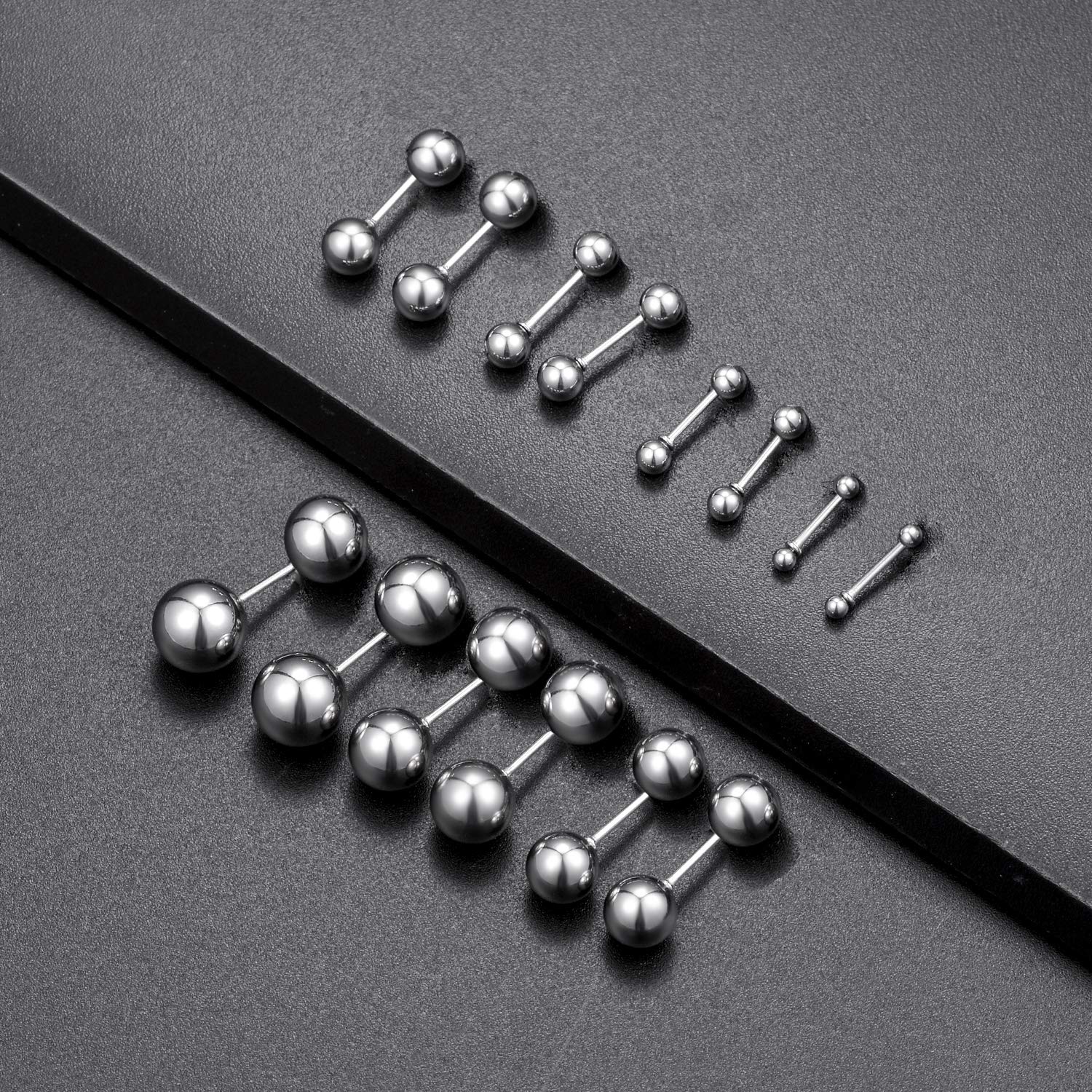 Tornito 14 Pairs Stainless Steel Ball Stud Earrings Barbell Cartilage Tragus Helix Ear Piercing For Men Women 2-8mm Silver Black