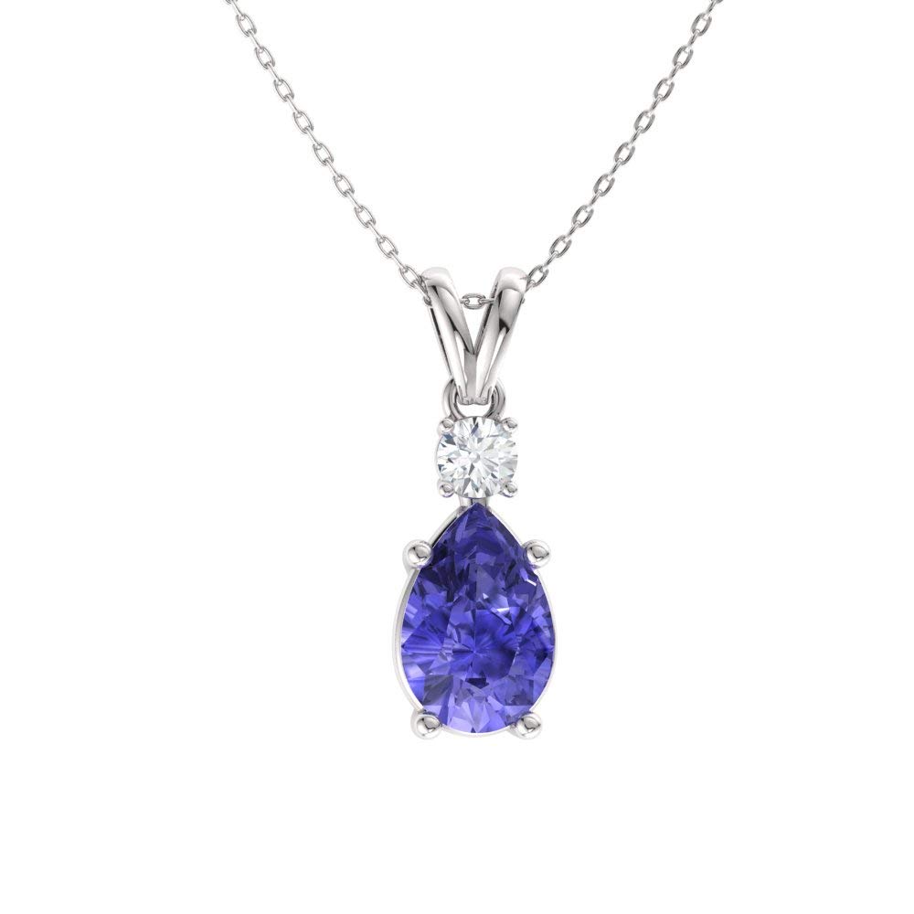 Diamondere Natural and Certified Pear Cut Tanzanite and Diamond Drop Petite Necklace in 10k White Gold | 0.44 Carat Pendant with Chain