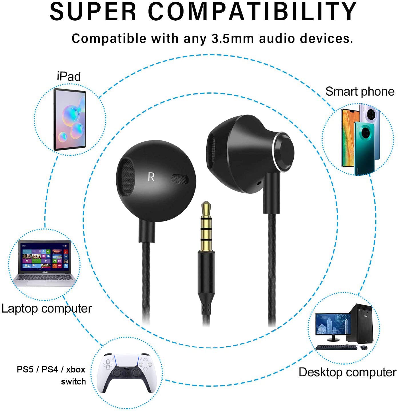 S&H 3.5MM Gaming Earbuds for PS4, PS5, New Xbox One, Cellphones, PC, Laptop, Earphones Wired Stereo Bass in-Ear HiFi Stereo Headphones with Microphone and Volume-Control (Black)