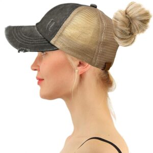 c.c ponytail criss cross messy buns ponycaps baseball cap dad trucker mesh hat (distressed black/beige)