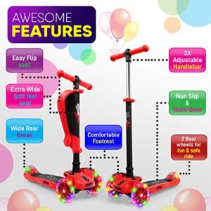 Hurtle Kids Scooter - Child Toddler Kick Scooter Toy with Foldable Seat - 3 Wheel Scooter with Adjustable Height, Anti-Slip Deck, Flashing Wheel Lights, for Boys/Girls 1-12 Year Old, Red