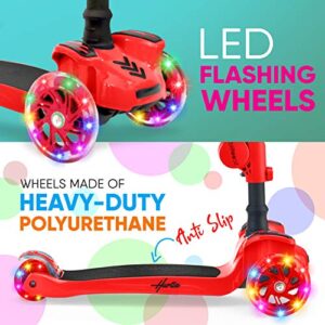 Hurtle Kids Scooter - Child Toddler Kick Scooter Toy with Foldable Seat - 3 Wheel Scooter with Adjustable Height, Anti-Slip Deck, Flashing Wheel Lights, for Boys/Girls 1-12 Year Old, Red