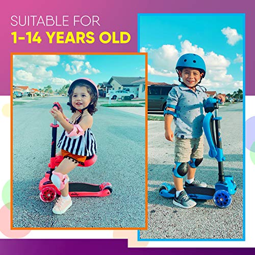 Hurtle Kids Scooter - Child Toddler Kick Scooter Toy with Foldable Seat - 3 Wheel Scooter with Adjustable Height, Anti-Slip Deck, Flashing Wheel Lights, for Boys/Girls 1-12 Year Old, Red