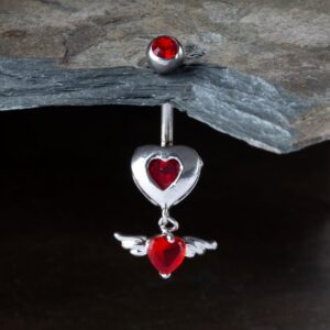 Pierced Owl 14G Stainless Steel Red CZ Crystal Winged Heart Dangling Belly Button Ring