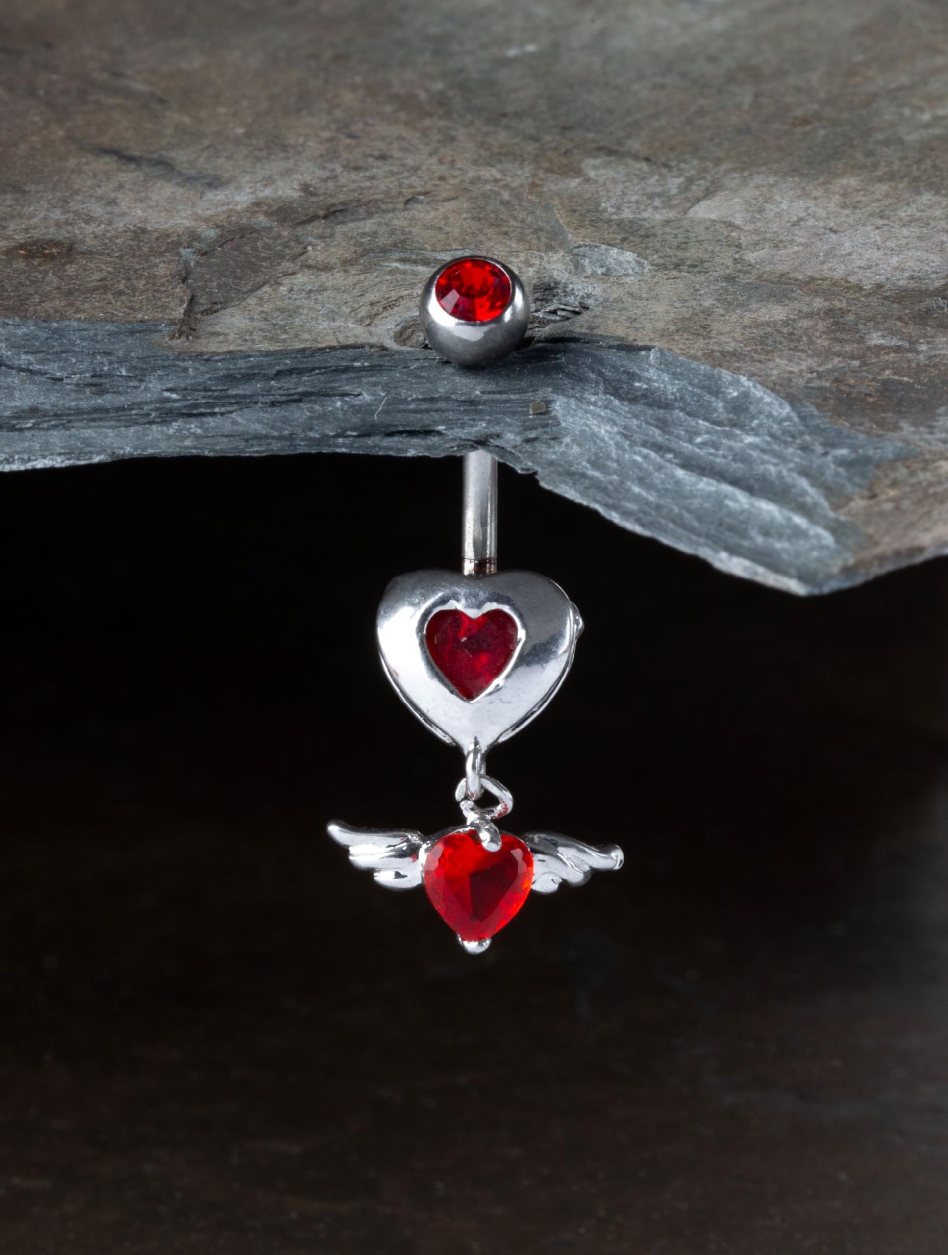 Pierced Owl 14G Stainless Steel Red CZ Crystal Winged Heart Dangling Belly Button Ring