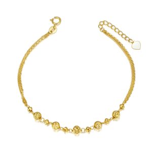 18k yellow gold ball bracelet jewelry gift for women, dainty real gold italian double chain bracelets fine jewelry gift for her, wife, girlfriend 6.5"+1"