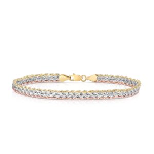 Floreo 10k Tri Color Gold Triple Strand Rope Chain Bracelet, 7.5”