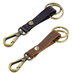 wisdompro 2 pcs genuine leather keychain, heavy duty key chain holder with belt loop clip and 2 key rings - black, brown