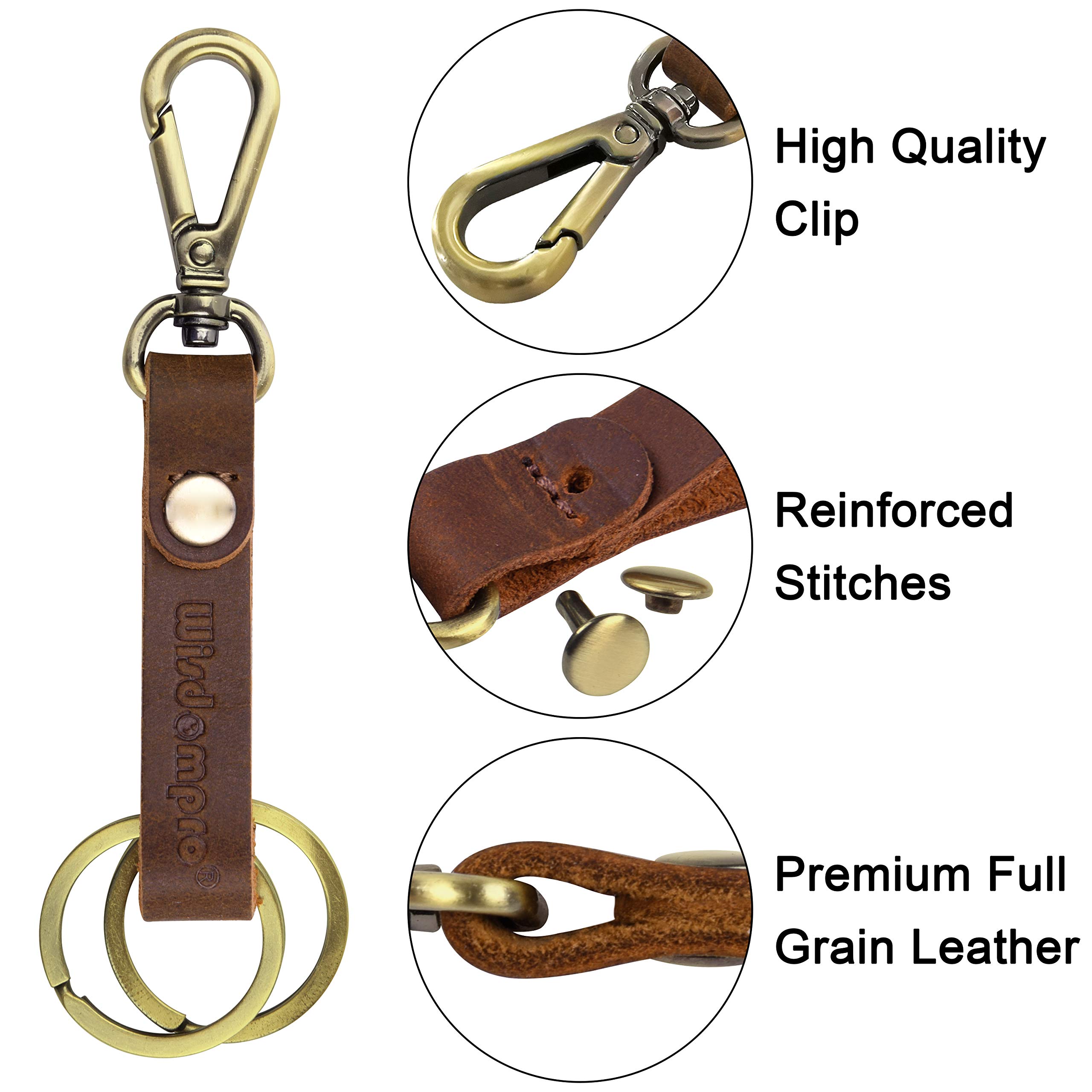 Wisdompro 2 Pcs Genuine Leather Keychain, Heavy Duty Key Chain Holder with Belt Loop Clip and 2 Key Rings - Black, Brown