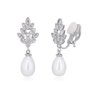 YOQUCOL Leaf-shape Dangle Drop Clip On Earring Zirconia Crystal Simulated Pearl NonPierced Earrings For Women